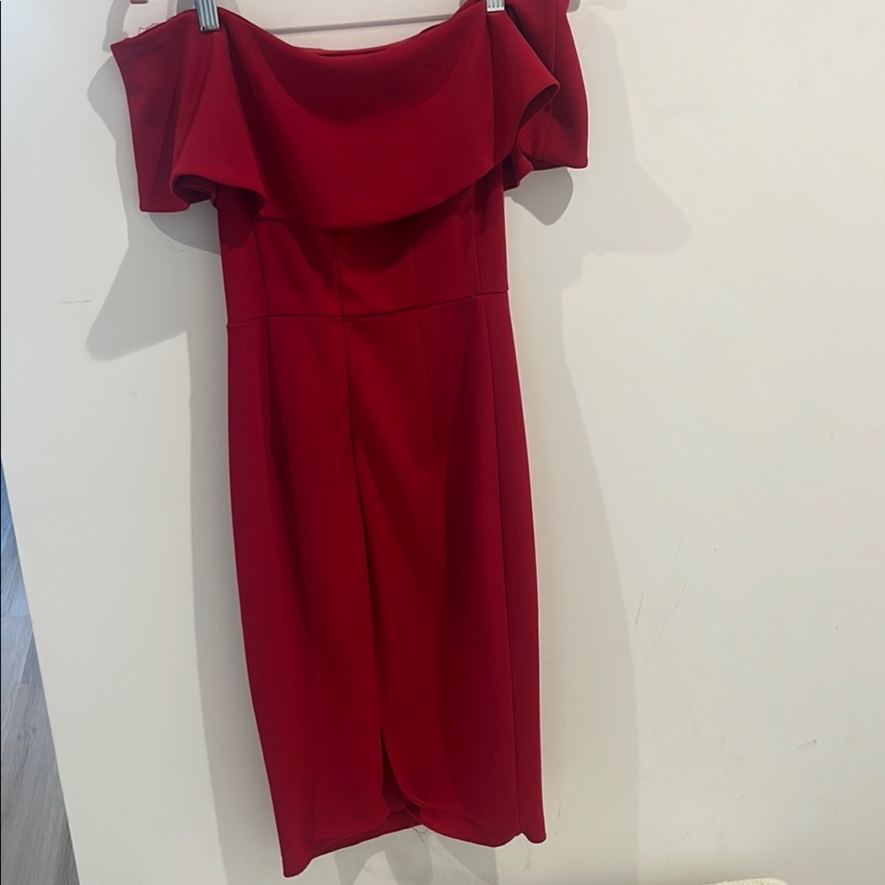 Red Ruffled Off-Shoulder Cocktail Dress - Picture 2 of 6